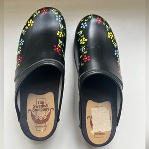 Swedish Leather and Wood Clogs Hand painted 39
